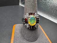 J&T Thai 925 Sterling Silver Fire Opal Ring Garnet CZ Halo Cluster Ring Sz 9.75