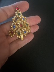 VINTAGE EISENBERG Gold Plated Red Blue Green Christmas Tree Brooch Pin 1950’s