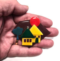 Vintage House Pins by Lucinda Yellow Home Red Sun in Sky Pin / Brooch