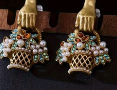 Whimsical Flower Basket Earrings Faux Pearls Rinestones, Vintage Bronze Dangle