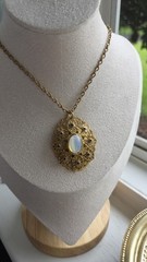 Vintage West Germany Unsigned Opal Opalite Filigree Pendant Necklace
