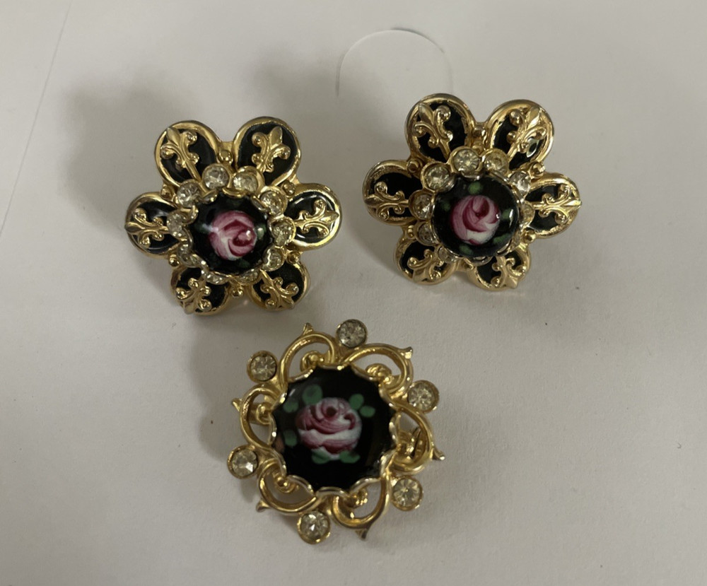 Vintage Romantic Rose & Black Enamel Gold Tone 3-Piece Brooch & Earrings Set JW1