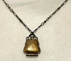 Vintage VCLM Brass Tone Purse Brown Rhinestone Locket Pendant Necklace