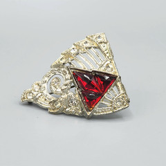 Art Deco Red Art Glass Crystal Accent Pot Metal Silver Tone Dress Clip Brooch