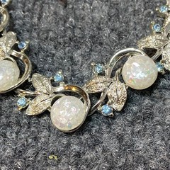 Vintage Silver Tone Necklace and Clip On Earrings White AB Iridescent Rhinestone