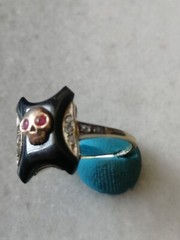 Antique Rare Memento Mori 14kt Yellow Gold, Diamonds,Rubies Stone Ring
