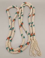 Vintage 1960s Bead Crochet Lariat Tassel Necklace Faux Pearl Floral Rope 48″