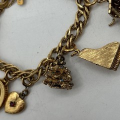Vtg Monet Link Gold Tone Charm Bracelet Grand Piano Heart Wishing Well Tree ETC