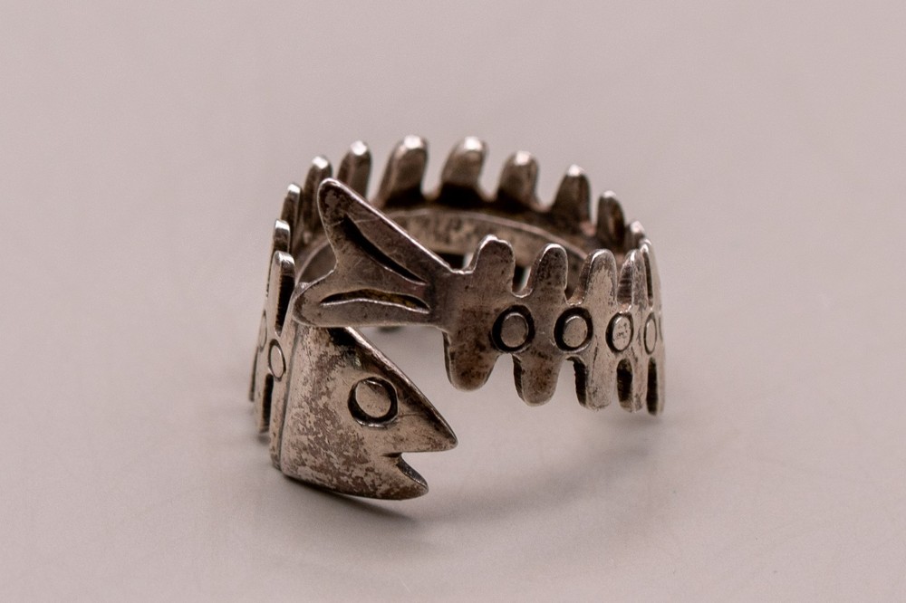 Vintage Taxco Mexico 925 Sterling Silver Fish Skeleton Wrap Bypass Ring Eagle 3