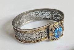 Antique JJ White Art Deco Rhodium/Gold Filigree Hinge Bracelet Blue Czech Stone