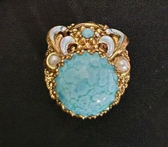 West Germany Faux Turquoise & Pearls Gold Tone with Enameling Brooch & Earrings