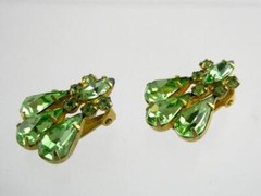 Vintage Kramer Goldtone Metal and Green Rhinestone Clip on Earrings 7/8 Inch