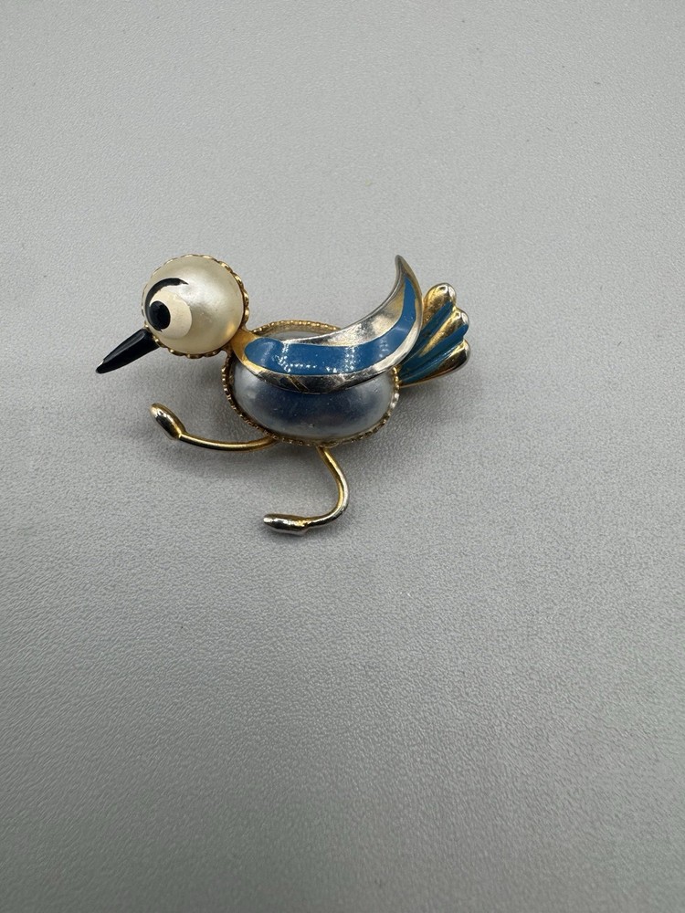 Vintage Jewelry Tiny Animated Bird Hand Painted Spain BROOCH PIN Blue