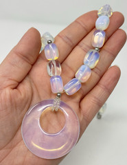 Opalescent Opalite Glass Bead Necklace Large Circle Pendant