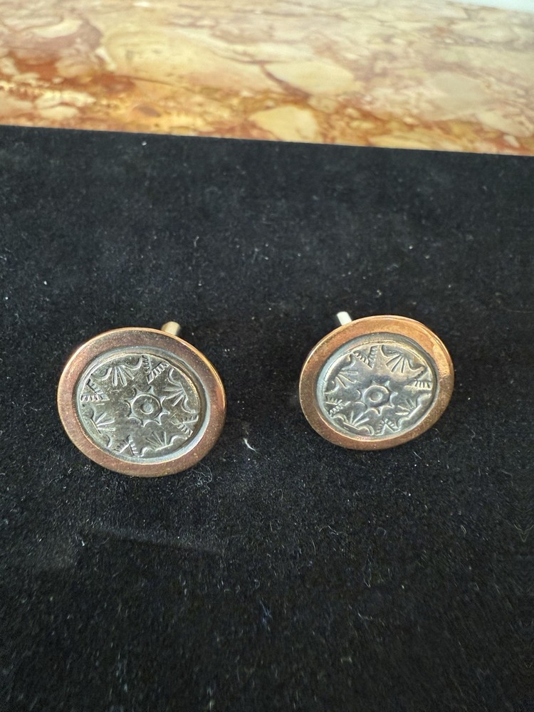 Vintage Randy Secatero Round Brass Bronze Silver Bullet Back Cufflinks Signed