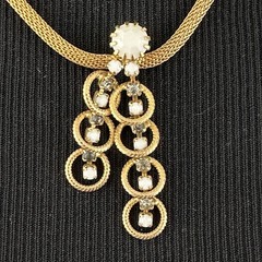 MESH gold-tone pendant necklace – vintage white milk glass & rhinestone drops
