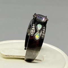 Mystic Topaz Band Ring Black Metal Wide Rainbow Purple Green Stone Fire Opal 7