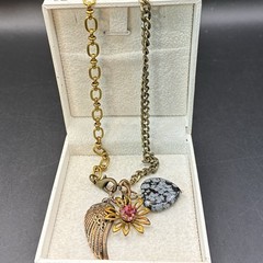 Vtg Brassy Bronzy Necklace & Charms of Mixed Metals: Heart, Flower, Angel Wing