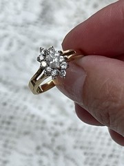 VINTAGE Marquise Cluster Ring Gold Art Glass Halo Engagement Ring – SIZE 5.25