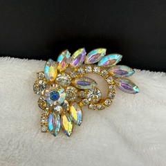 Vintage Aurora Borealis Rhinestone Brooch Gold Tone Mega Sparkle