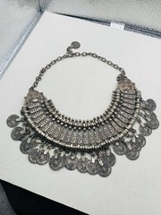Vintage Silver Tone Boho Ethnic Tribal Coin Coachella Fringe Statement Necklace
