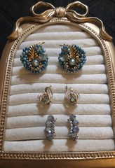 3 Pair Vintage Blue Iridescent AB Stone Clip Earrings