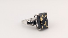 Vintage Sterling Silver Ring Black Tourmaline Gold Matrix Filigree STS Size 6.75