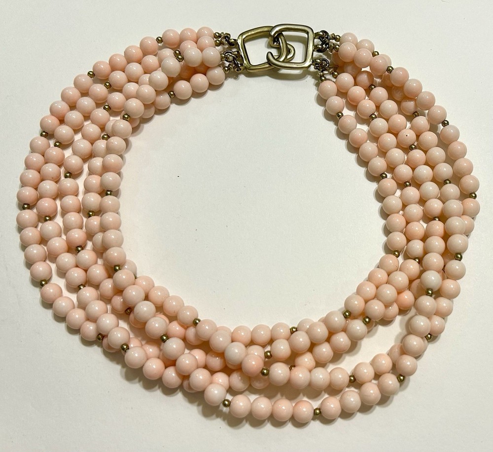 Vintage Kenneth Jay Lane 6 Strand Pink Faux Glass Angel Skin Coral Chocker 17″