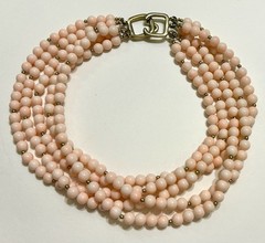 Vintage Kenneth Jay Lane 6 Strand Pink Faux Glass Angel Skin Coral Chocker 17″