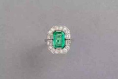 14k White Gold Finish Art Deco Style Lab Created Diamond & Emerald Wedding Ring