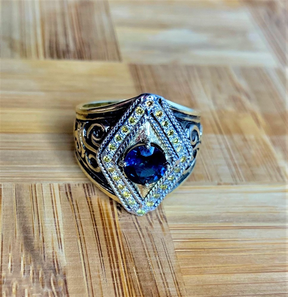 2.25ctw Best Color Sapphire w/ Intense Canary Yellow diamonds 14K Art DECO Ring