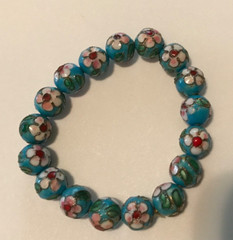 Cloisonne Stretch Bracelet Sky Blue Pink Floral Design Vintage