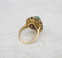 18k Vintage Turquoise Diamond Sapphire Cocktail Dome Ring Sz 6.5 Classic RG4800