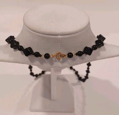Vtg Long Jet Black Glass Beaded Necklace 28″ Diamond And Round Shape Beads
