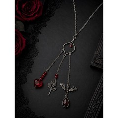 Handmade Gothic Triple Dangle Necklace Heart Pendant with Bat, Rose Red Crystal
