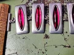 Vintage Jorgen Jensen Bracelet, Red Glass, Pewter, Denmark (2308)