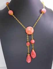 Vintage Pink Art Glass Bead & Dangles Lingerie Necklace ~ 16″