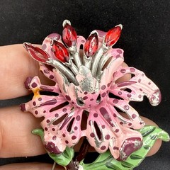 Vintage Pot Metal Brooch Pink Silver Tone Enamel Flower