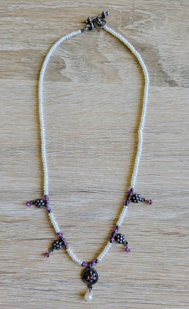 Vintage Necklace 15 In Silver 925 Amethyst Seed Pearl Toggle Clasp