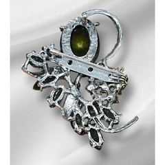Vintage Style Lime Green Floral Brooch Silver Tone Rhinestone Botanical Pin