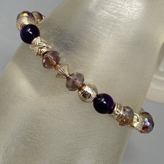 Glass Beaded Bracelet Pink Purple Faceted Fire Polished Acrylic Gold Tone 6.5″