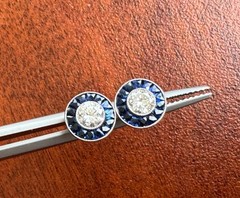 ART DECO STYLE .55 ctw DIAMOND w/ SAPPHIRE HALO PLATINUM EVERYDAY STUD EARRINGS