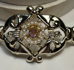 Vintage Aurora Borealis Pink Rhinestone Bracelet Gold Tone Ornate Open Work MCM