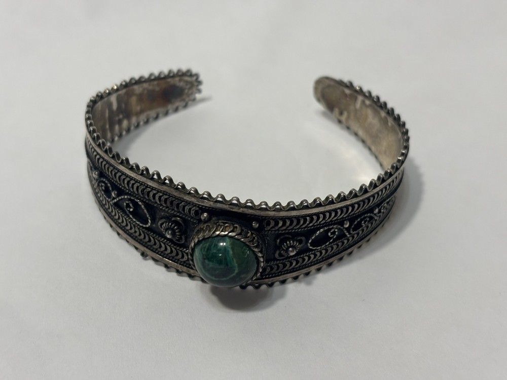 Vintage Jerusalem 925 Sterling Silver Filigree Malachite Cuff Bracelet Israel