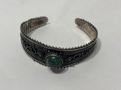 Vintage Jerusalem 925 Sterling Silver Filigree Malachite Cuff Bracelet Israel