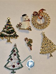 6 Christmas Brooch Rhinestone Enamel Pins Costume Jewelry, 1.5-2.5 Inches