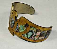 Vintage Mexican Thunderbird Brass Cuff Bracelet Abalone Shell Inlay 1960s