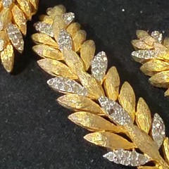 Leaf Brooch Pin & Clip-On Earrings Jewelry Set, Gold Tone Marquise Rhinestones