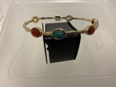 Gold tone Bangle Multi Color Cabochon Oval Gemstone Bracelet