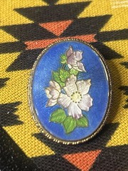 Antique Guilloche’ Enameled On Copper 1 1/2” Oval White Green Floral On Blue Pin